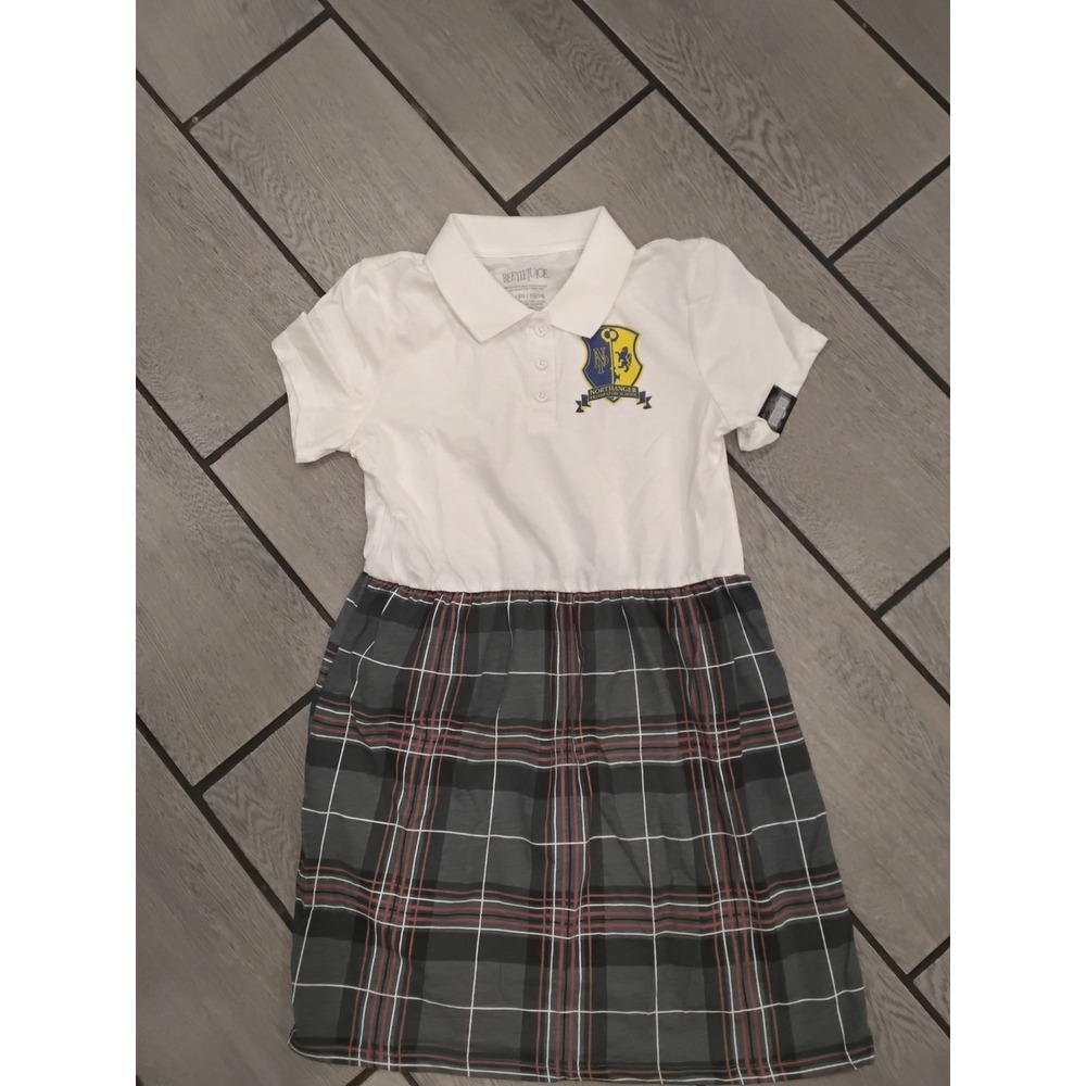 Beetlejuice Northanger Reform School Plaid Polo Dress Girls XL 14 White Grey